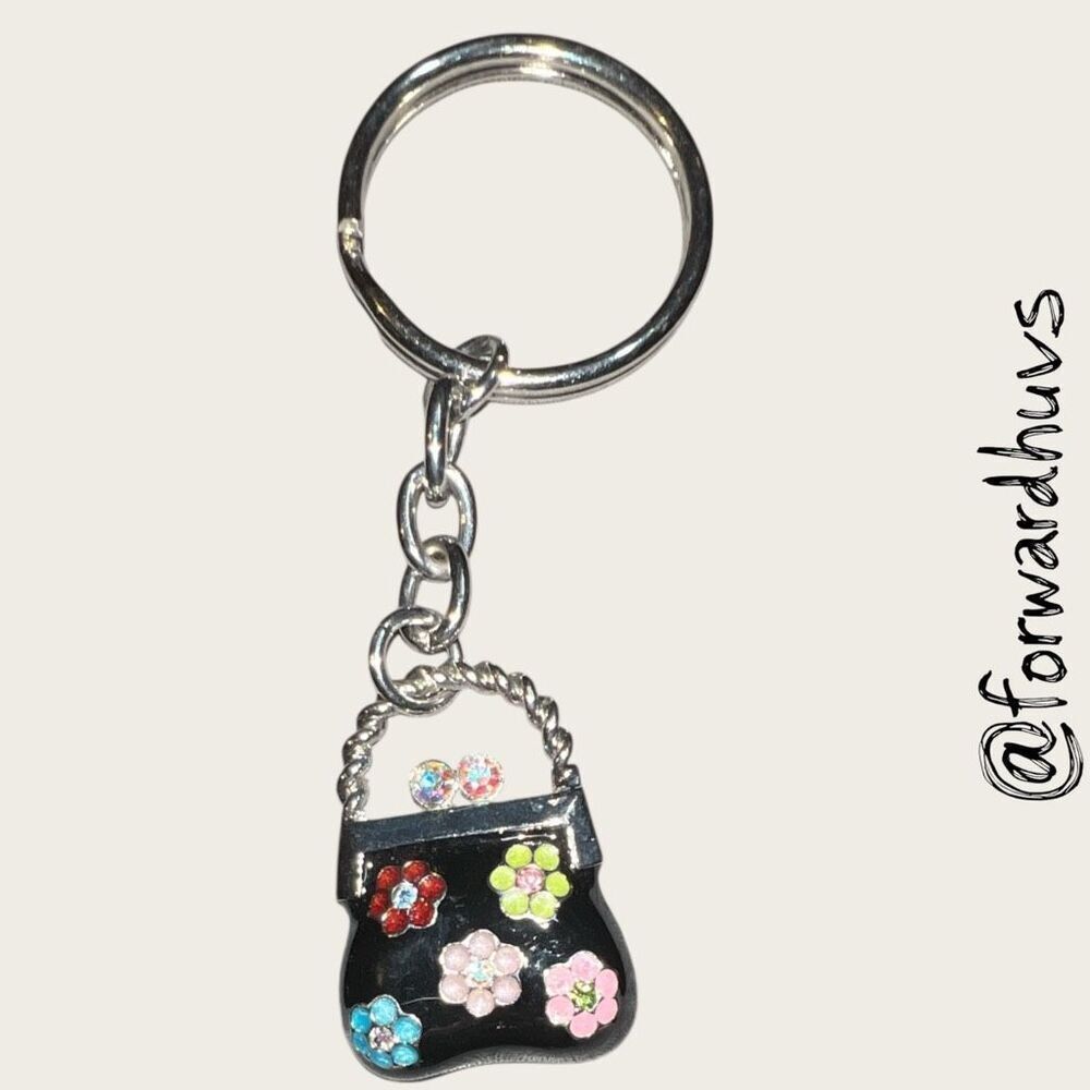 Bundle Sale 3 for $15 | Handbag Keychain – Black Enamel - Colorful Floral Accent